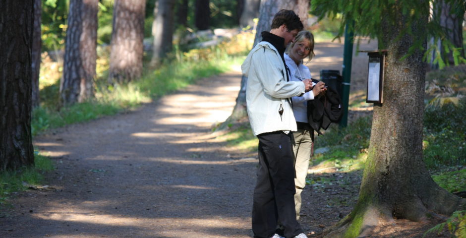 En man och kvinna på tipspromenad i skogen.