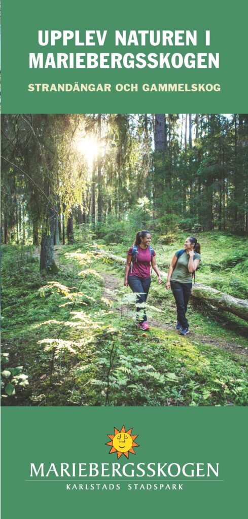 Förstasidan i Naturum Värmlands LONA broschyr. Bild på två personer som går i skogen och texten upplev naturen i Mariebergsskogen, gammelskog och strandängar.